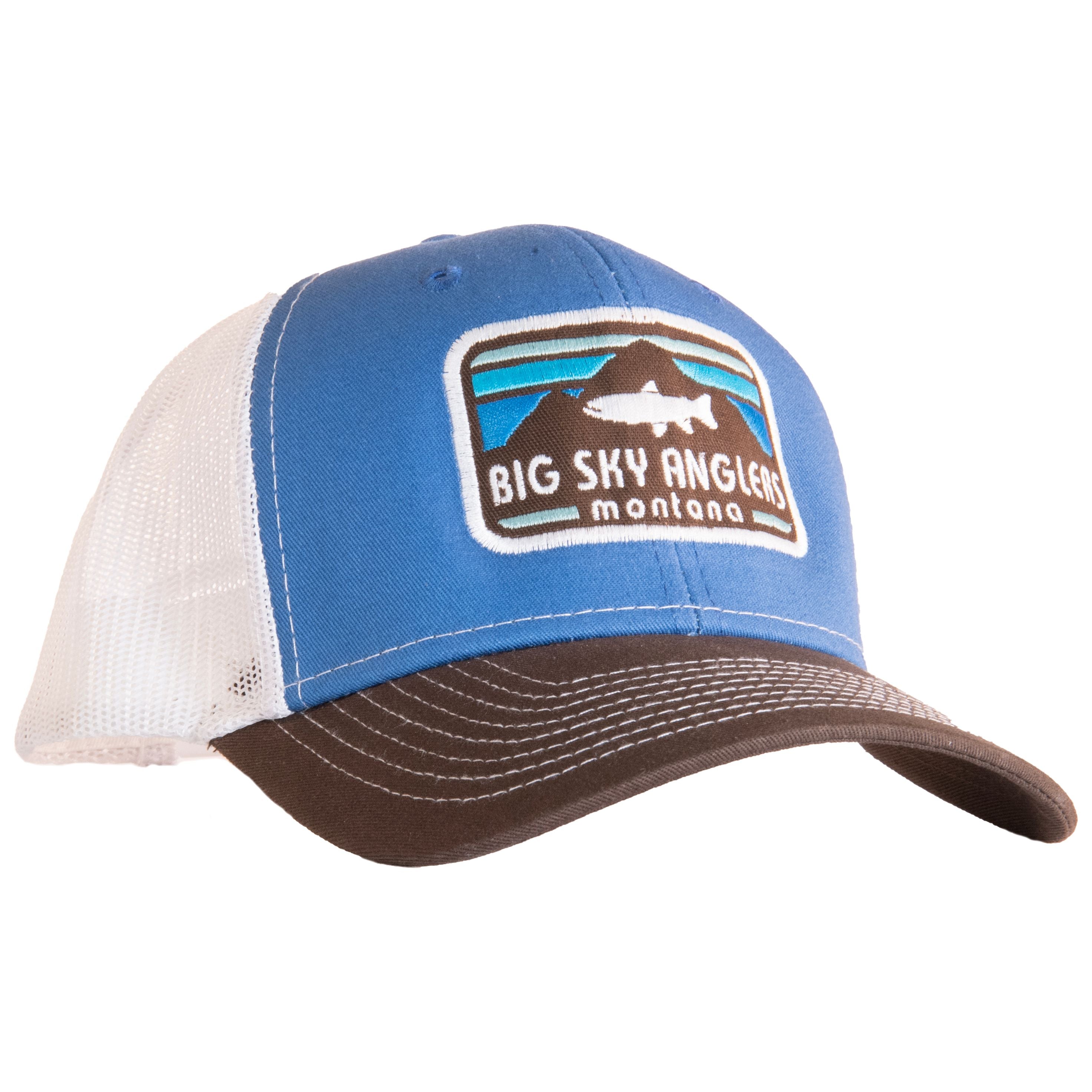 Big Sky Anglers Retro Stripe Mountain Logo Zone Trucker Hat - Daylight Blue/White/Cigar Default Title Image 01