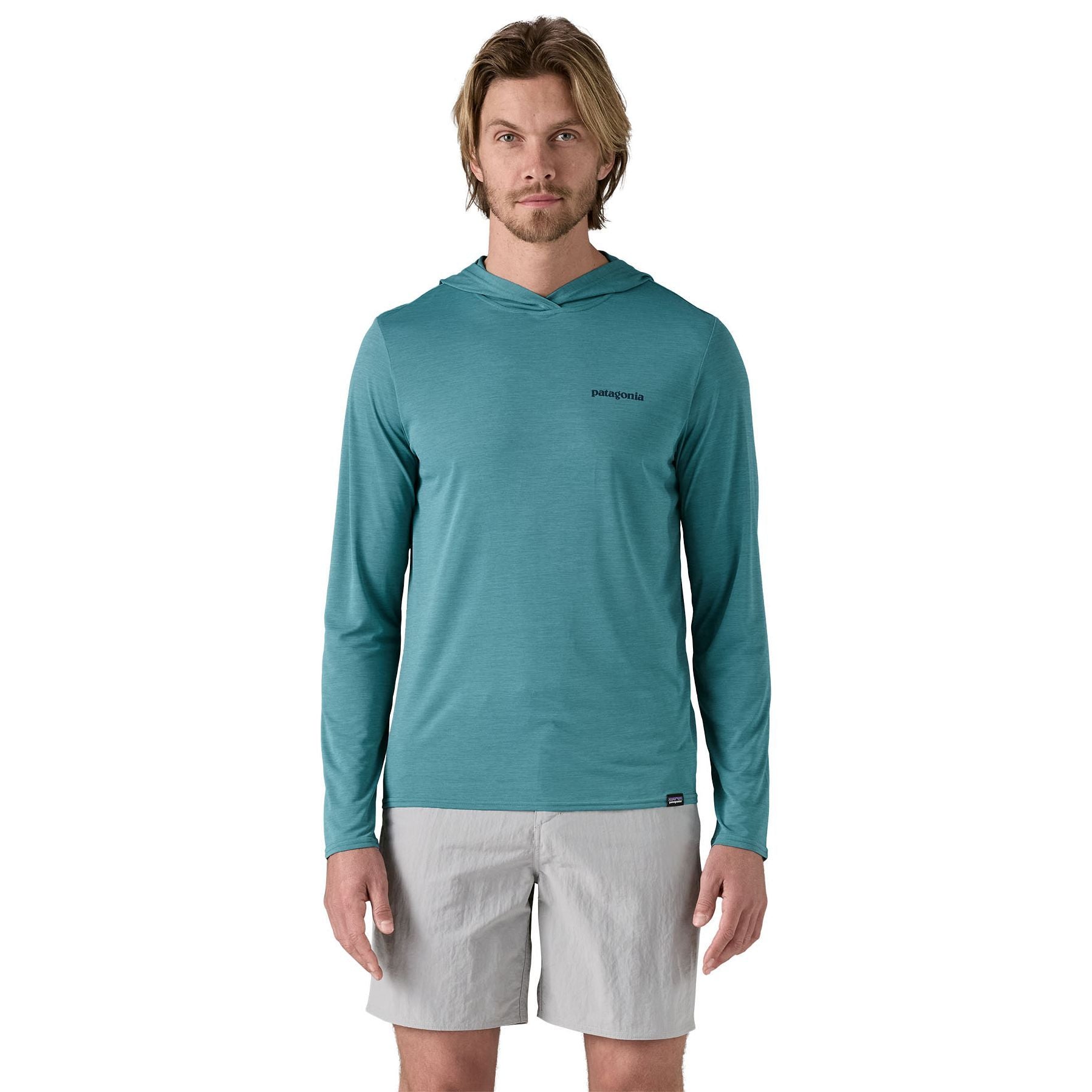 Patagonia Men's Capilene Cool Daily Graphic Hoody Boardshort Logo Tones: Wetland Blue X-Dye Image 03