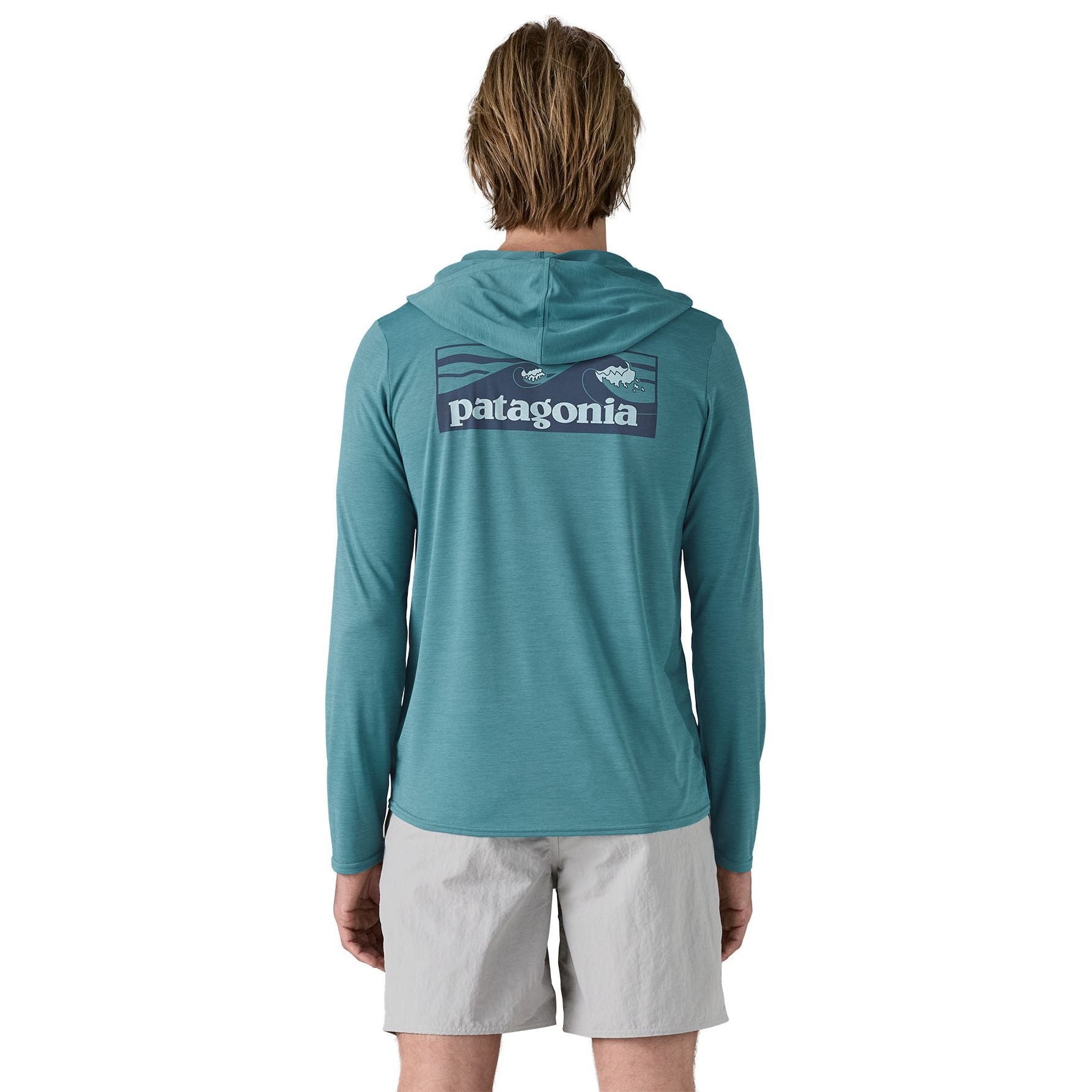 Patagonia Men's Capilene Cool Daily Graphic Hoody Boardshort Logo Tones: Wetland Blue X-Dye Image 04
