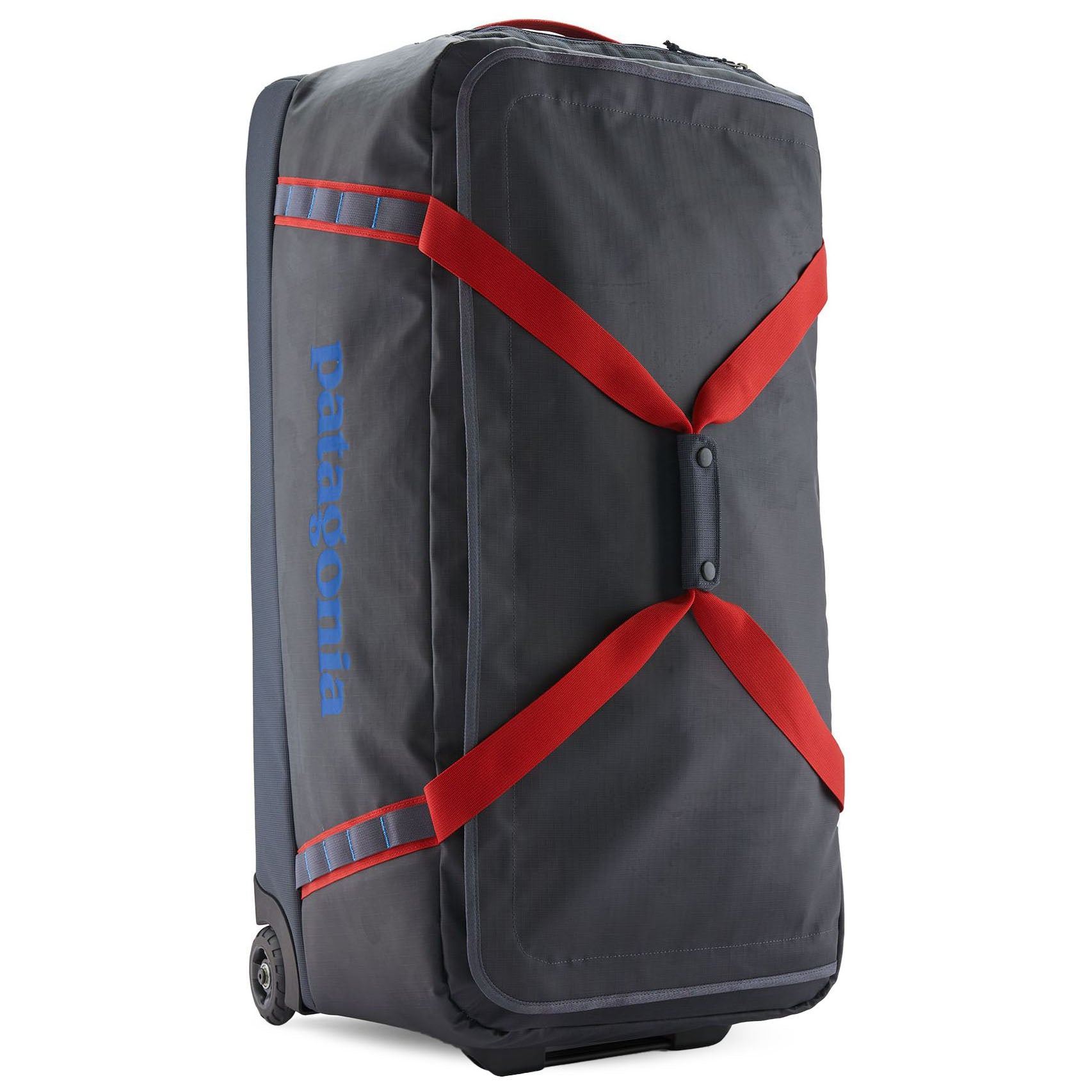 Patagonia Black Hole Wheeled Duffel 100L Smolder Blue with Amanita Red