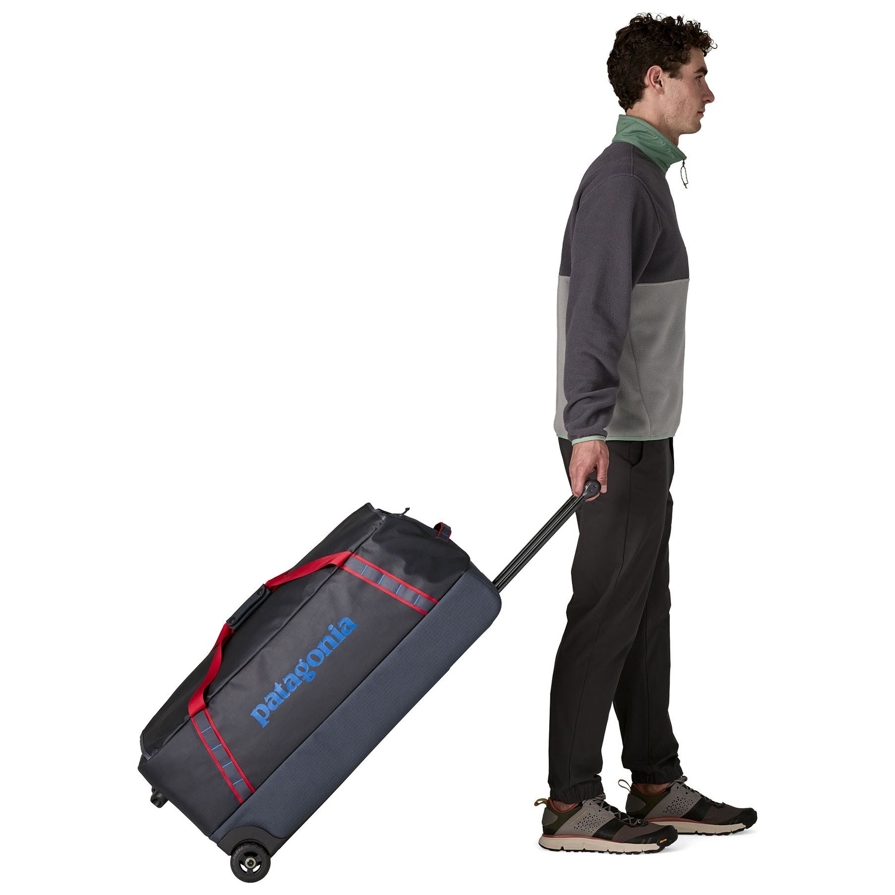 Patagonia Black Hole Wheeled Duffel 100L Smolder Blue with Amanita Red
