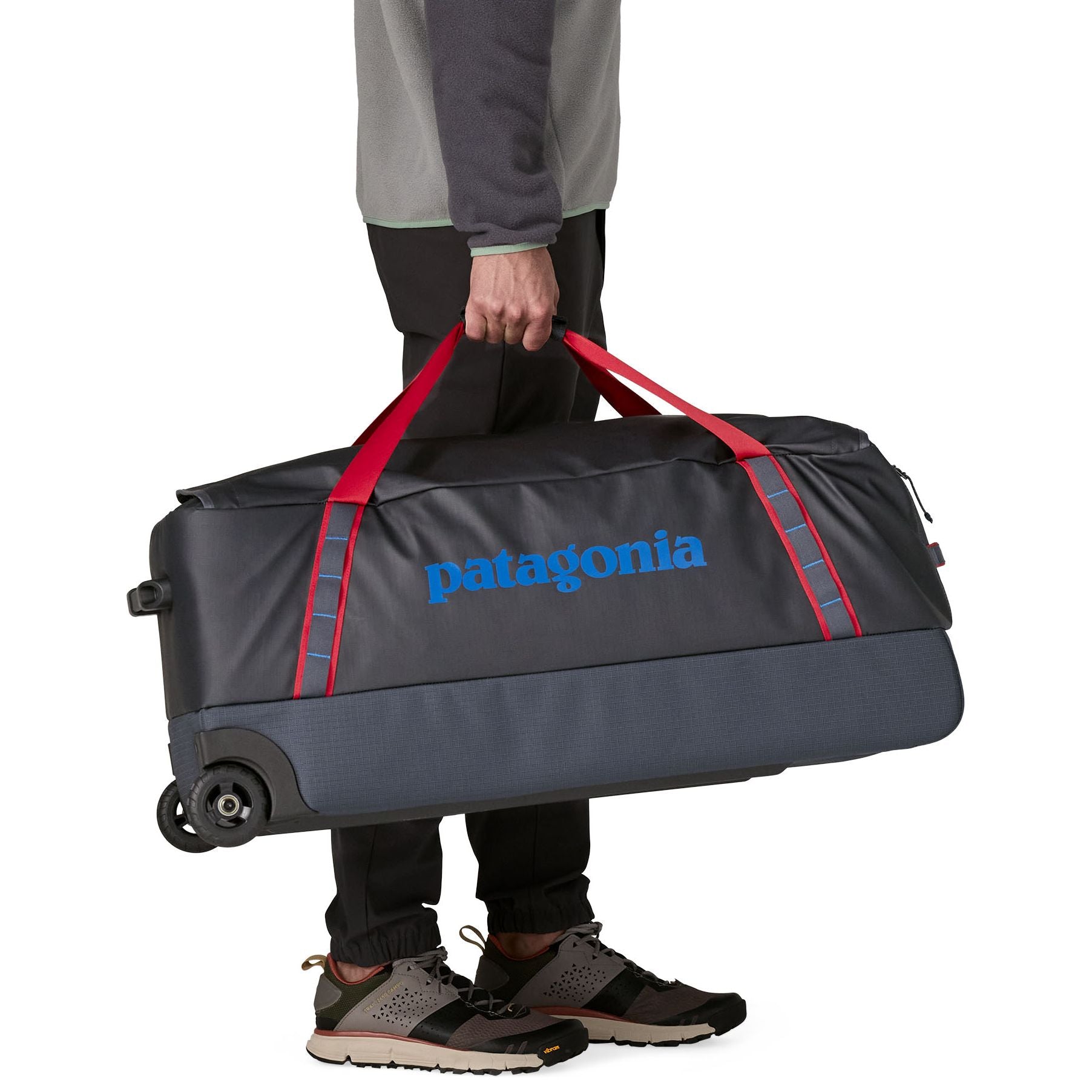 Patagonia Black Hole Wheeled Duffel 100L Smolder Blue with Amanita Red