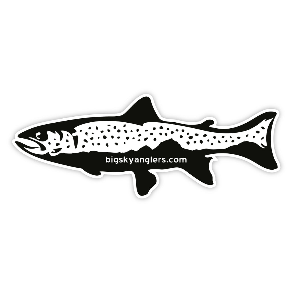 black and white trout with fishing pole BSA 8" Black & White Trout Logo Sticker – Big Sky Anglers