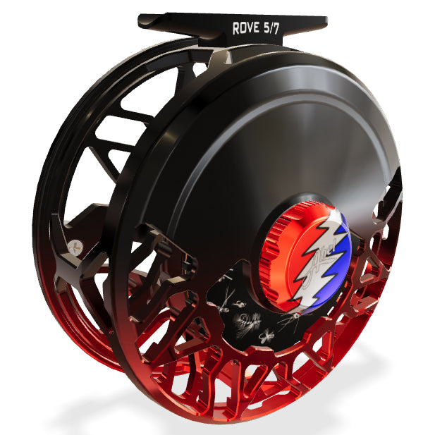 Abel Rove 5/7 - Black Red Fade w/ Greatful Dead Drag Knob & Ebony Wood Handle - Freshwater Flies Drag Plate