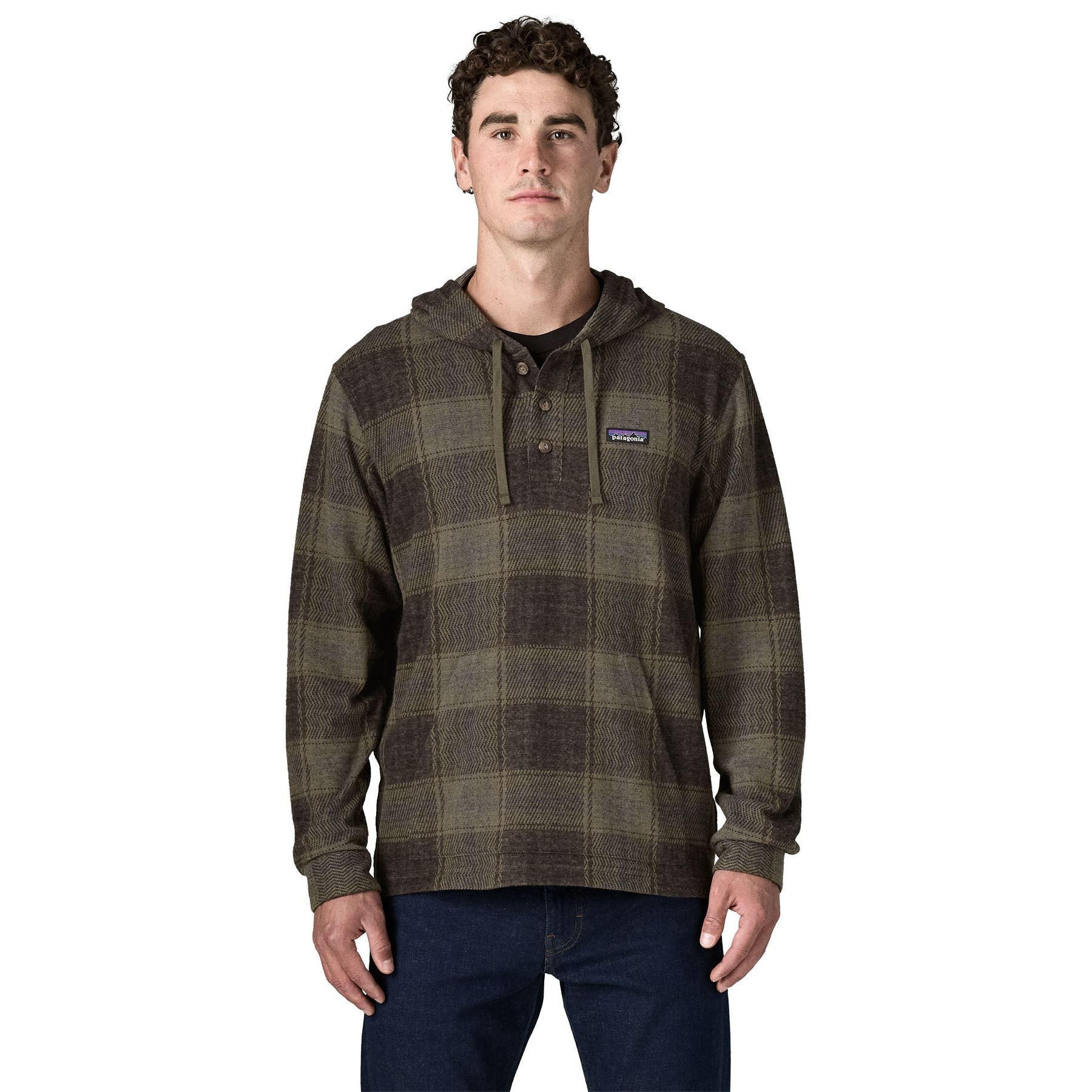 Patagonia Men's Stretch Fjord Flannel Pullover Hoody Soft Check: Basin Green Image 02